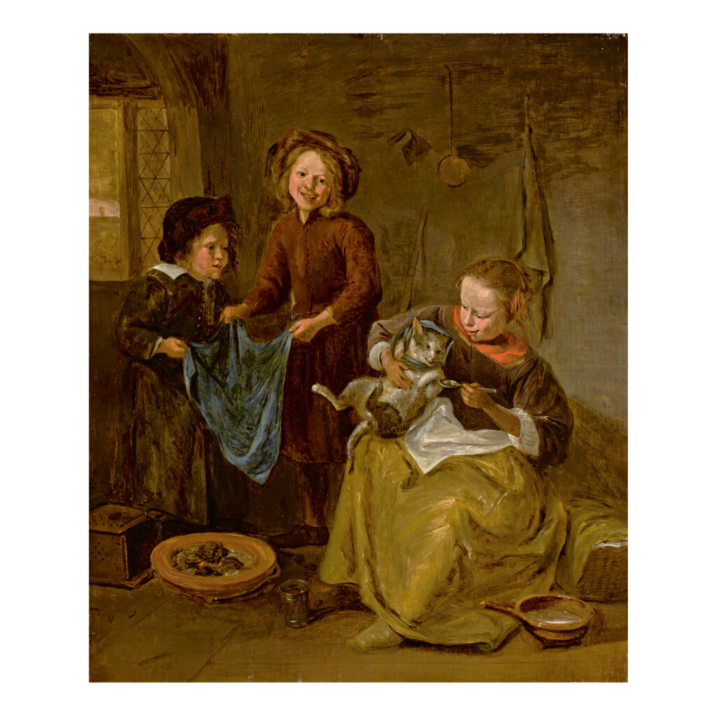 View full screen - View 1 of Lot 132. FOLLOWER OF JAN STEEN | AN INTERIOR WITH THREE CHILDREN PLAYING WITH A CAT.