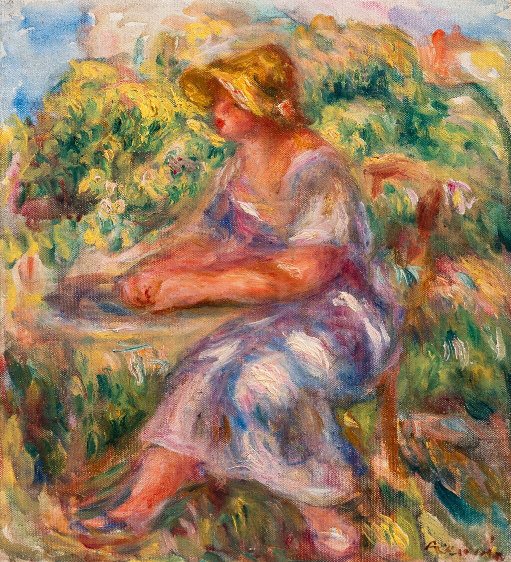View full screen - View 1 of Lot 41. Jeune femme au chapeau de paille assise dans un jardin.