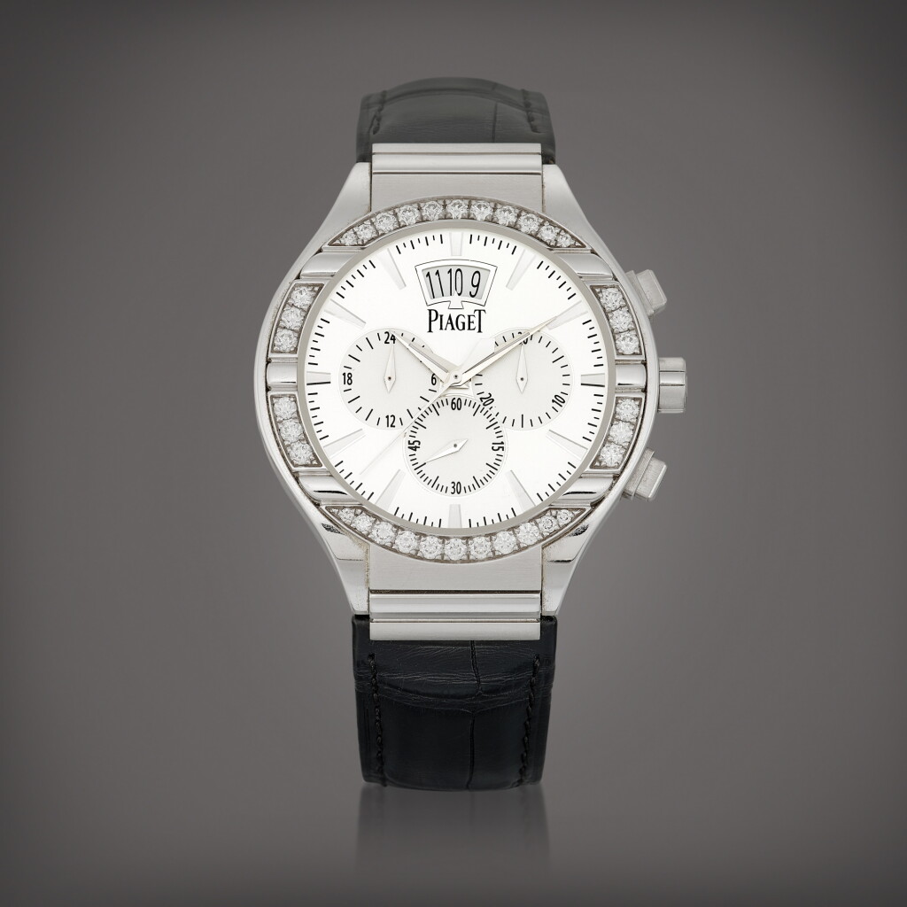 View full screen - View 1 of Lot 8662. Polo, Reference P10424 | A white gold and diamond-set dual time zone flyback chronograph wristwatch with date, Circa 2009 | 伯爵 | Polo 型號P10424 | 白金鑲鑽石兩地時間飛返計時腕錶,備日期顯示,約2009年製.