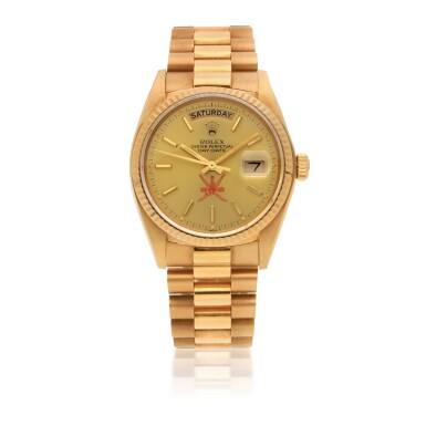 View full screen - View 1 of Lot 438. 'KHANJAR' DAY-DATE, REF 18038 YELLOW GOLD WRISTWATCH WITH DAY, DATE AND BRACELET MADE FOR THE SULTANATE OF OMAN CIRCA 1980.