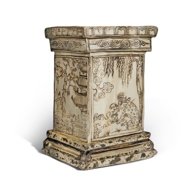 View full screen - View 1 of Lot 129. A rare painted 'Cizhou' square-form jardinière, Jin / Yuan dynasty | 金 / 元 磁州窰白地黑花庭院樓閣鳳凰麒麟圖四方花盆.