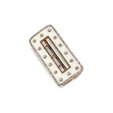 View full screen - View 1 of Lot 102. A Fabergé Jewelled Silver-Gilt and Gold-Mounted Guilloché Enamel Belt Buckle, workmaster Mikhail Perkin, St Petersburg, circa 1890.