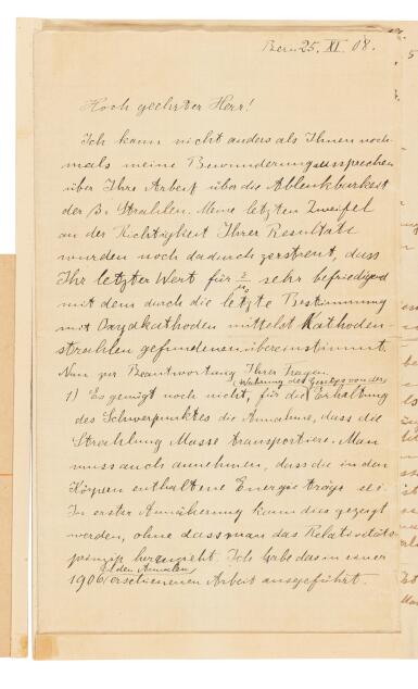 View full screen - View 1 of Lot 80. Albert Einstein | Autograph letter signed, to Alfred Bucherer, on electrons and Special Relativity, 25 November 1908.