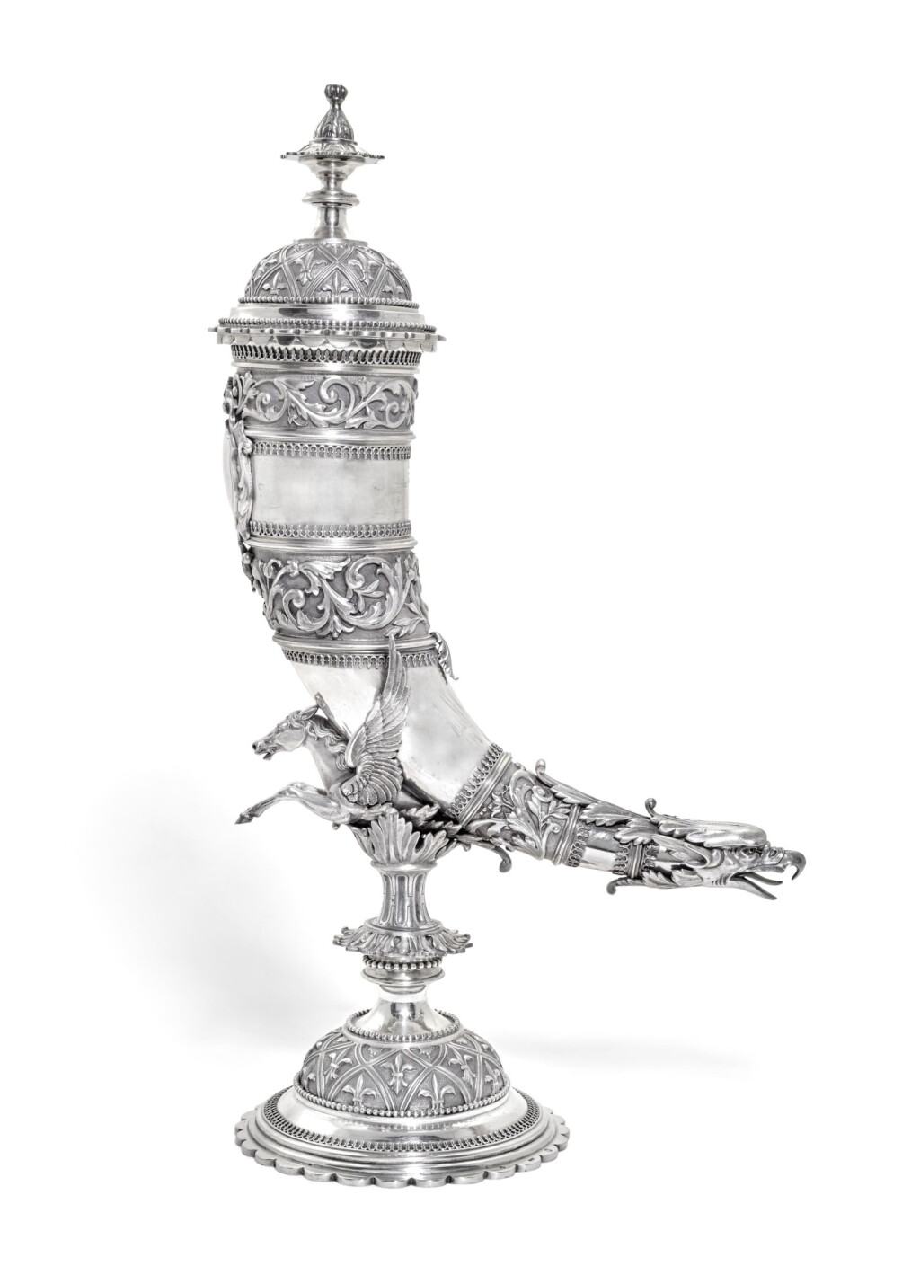 View full screen - View 1 of Lot 42. An Austrian silver drinking horn/horse racing trophy and cover, Court Jeweller H.A.Granichstädten, Vienna, circa 1870.
