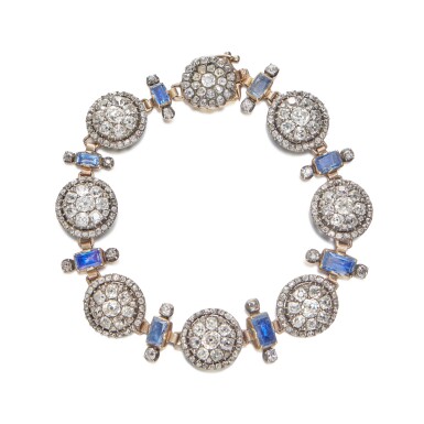 View full screen - View 1 of Lot 10. An Antique Diamond and Sapphire-Set Gold and Silver 'Button' Bracelet.
