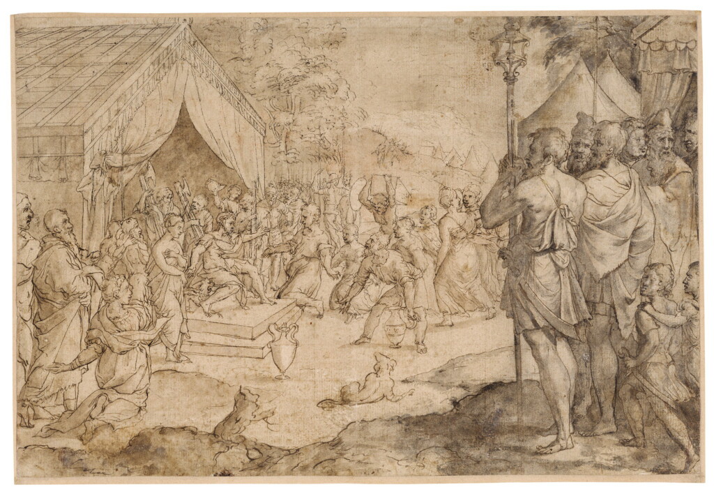 View full screen - View 1 of Lot 73. ATTRIBUTED TO PIETER COECKE VAN AELST THE ELDER | RECTO: CROWDS IN SUPPLICATION BEFORE A MILITARY LEADER (CAESAR?) VERSO: CHRIST CARRYING THE CROSS .