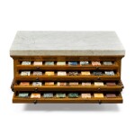 An Italian specimen antique marble and hardstones collection, second half 19th century, in a walnut veneered cabinet