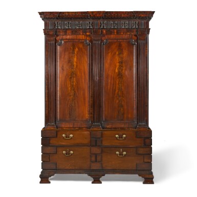 View full screen - View 1 of Lot 51. A George II mahogany press-cupboard of architectural form, mid-18th century.