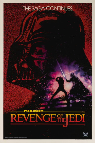 View full screen - View 1 of Lot 78. REVENGE OF THE JEDI, FIRST ADVANCE AND TRI-FOLDED POSTER, DREW STRUZAN, 1982.