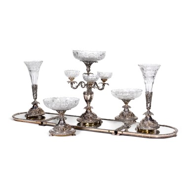 View full screen - View 1 of Lot 68. A VICTORIAN SILVER-PLATED AND CUT-GLASS SURTOUT DE TABLE, MARKS OF JOHN TURTON & CO AND JOSEPH RODGERS & SONS, SHEFFIELD CIRCA 1900.