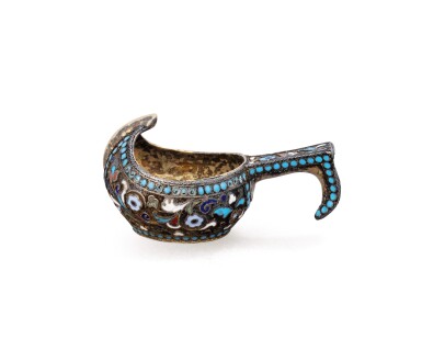 View full screen - View 1 of Lot 68. A small Russian silver-gilt and cloisonné enamel Kovsh, mark of Nikolay Zverev, 1908-17.