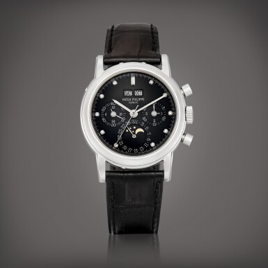 View full screen - View 1 of Lot 2292. Reference 3970 | A platinum and diamond-set perpetual calendar chronograph wristwatch with moon phases, 24 hours and leap year indication, Circa 1996 | 百達翡麗 | 型號3970 | 鉑金鑲鑽石萬年曆計時腕錶,備月相、24小時及閏年顯示,約1996年製.