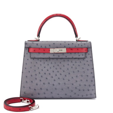 View full screen - View 1 of Lot 700. Gris Agate and Rouge Vif Ostrich HSS Kelly 28 Sellier Brushed Palladium Hardware, 2018.