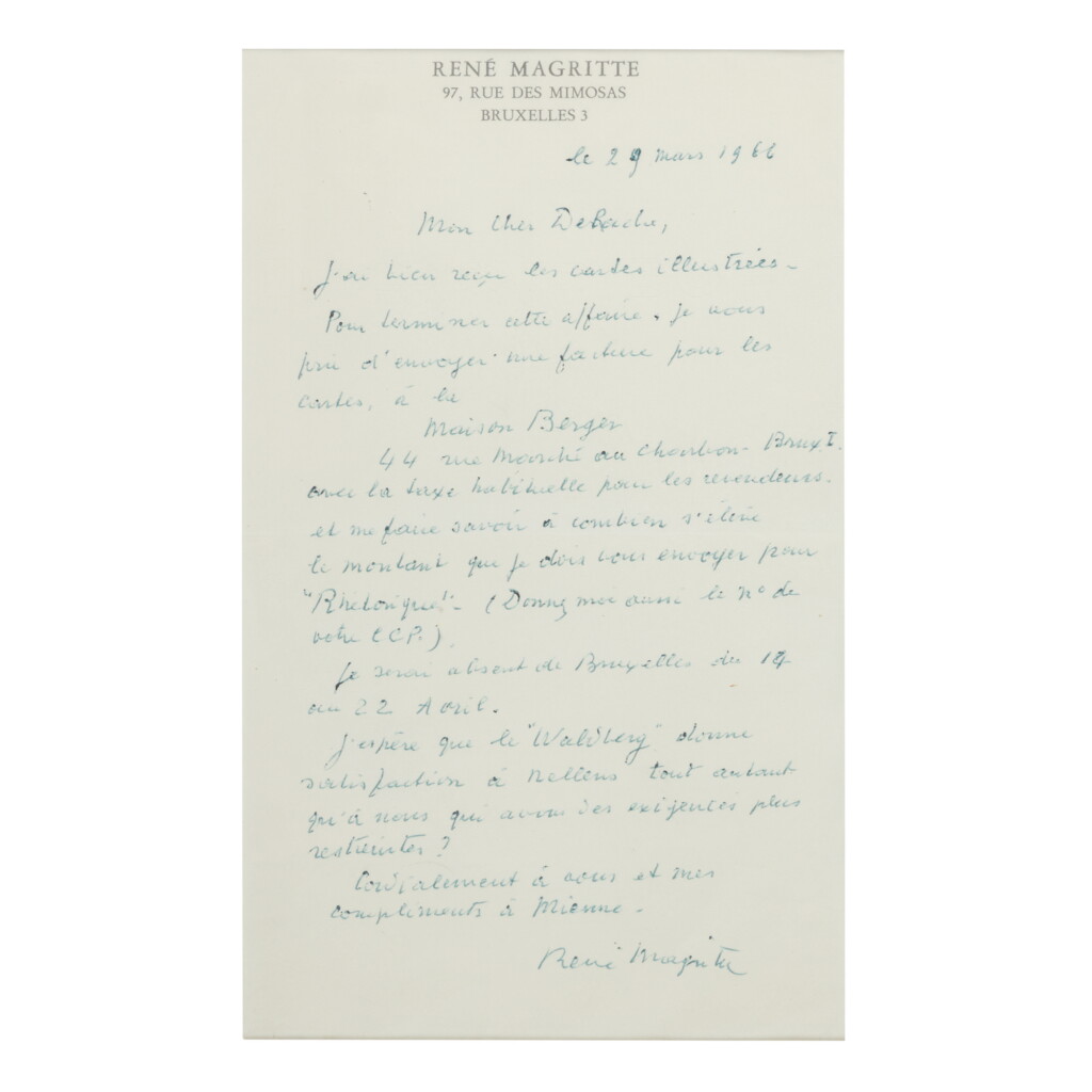 View full screen - View 1 of Lot 210. MAGRITTE, RENÉ | The artist's drawing for the cover of Rhétorique, with an autograph letter.