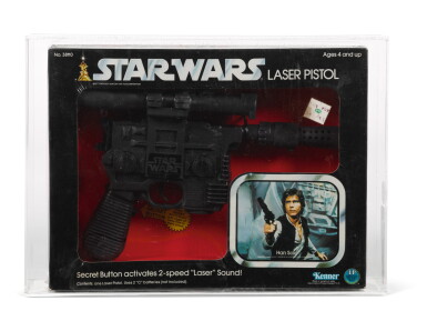 View full screen - View 1 of Lot 41. STAR WARS, HAN SOLO LASER PISTOL 6 1/2 X 9 1/4 X 2 IN. PLAYSET, US, 1978.