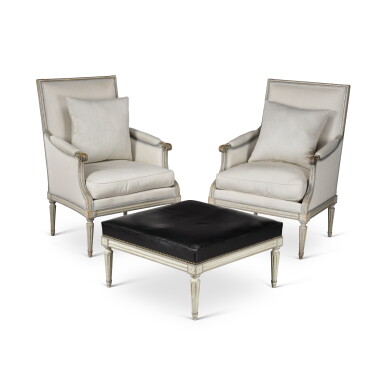 View full screen - View 1 of Lot 109. A pair of Louis XVI grey two-tone painted beech bergères, circa 1770.