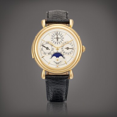 View full screen - View 1 of Lot 2155. Patrimony Perpetual Calendar, Reference 30020 A yellow gold minute repeating perpetual calendar wristwatch with two-tone dial, moon phases and leap year indication, Circa 1994 | 江詩丹頓 | Patrimony Perpetual Calendar 型號30020 黃金三問萬年曆腕錶,備雙色錶盤,月相及閏年顯示,約1994年製.