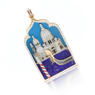 View full screen - View 1 of Lot 1. Lapis lazuli, enamel and diamond pendant (Pendente in lapislazuli, smalto e diamanti).