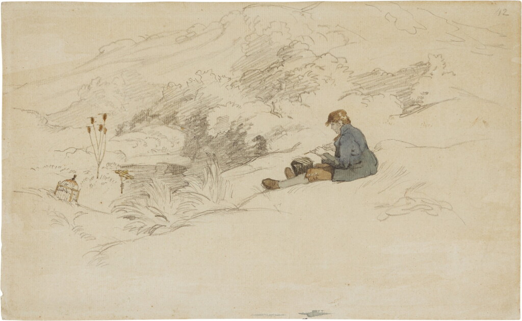 Voir en plein écran - Voir 1 du lot 223. Landscape with a young bird-catcher; together with a study of sorrel and other wild plants.