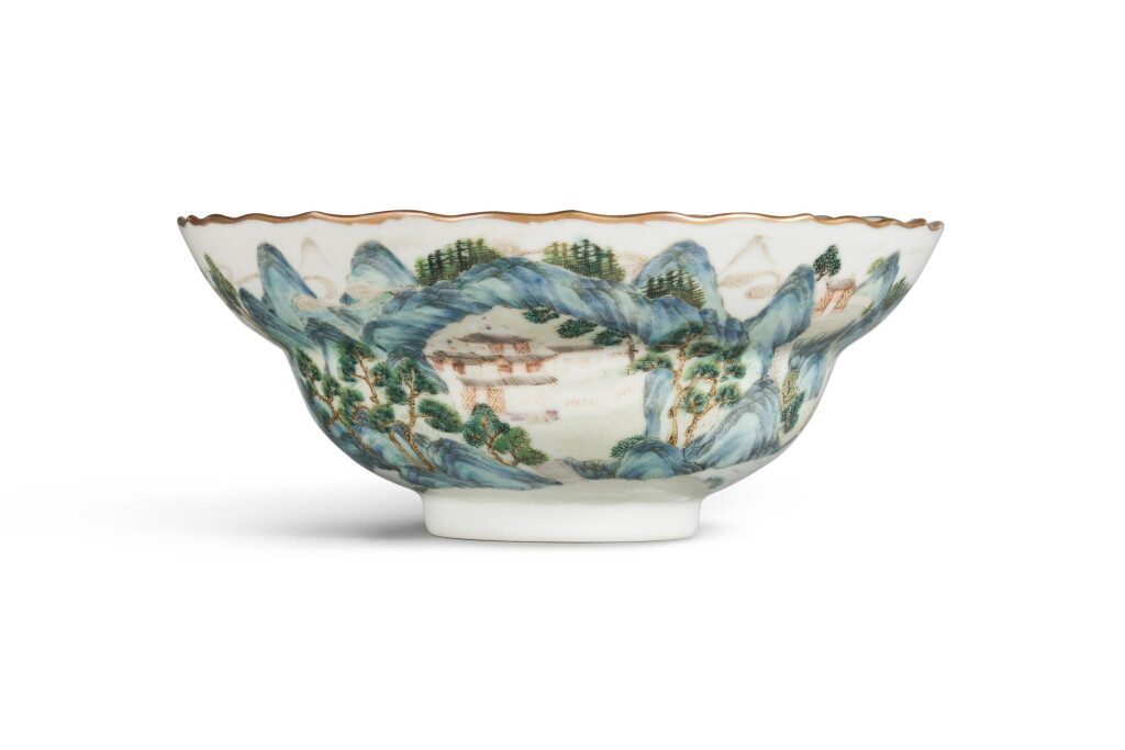 View full screen - View 1 of Lot 29. A famille-rose 'landscape and poem' ogee-form bowl, Qing dynasty, Jiaqing period.