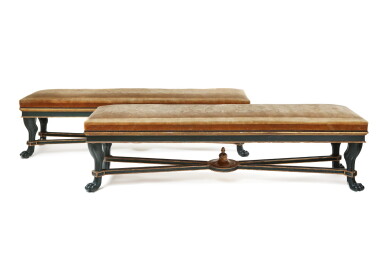 View full screen - View 1 of Lot 57. A PAIR OF CARVED, PAINTED AND GILTWOOD BENCHES POSSIBLY AFTER A DESIGN BY EMILIO TERRY, FIRST HALF OF 20TH CENTURY | PAIRE DE BANQUETTES EN BOIS SCULPTÉ, PEINT ET DORÉ, PREMIÈRE MOITIÉ DU XXE SIÈCLE, PEUT-ÊTRE D'APRÈS UN DESSIN D'EMILIO TERRY.