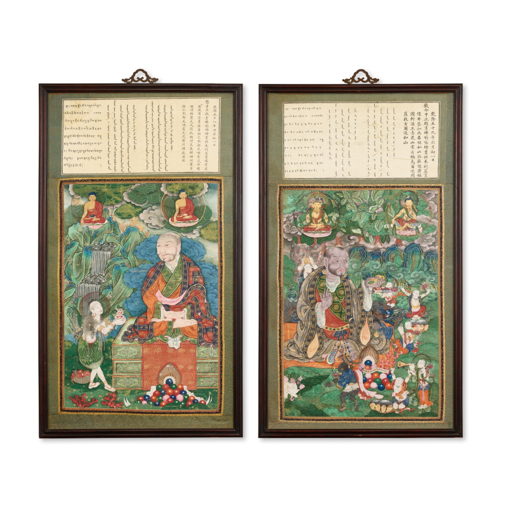 View full screen - View 1 of Lot 3653. Two imperial thangkas, Qing dynasty, Qianlong period, dated to the 58th and 59th years, corresponding to 1793 and 1794 | 清乾隆 御製賓度羅跋羅墮尊者及大乘和尚唐卡一組兩幅 設色布本 鏡框.