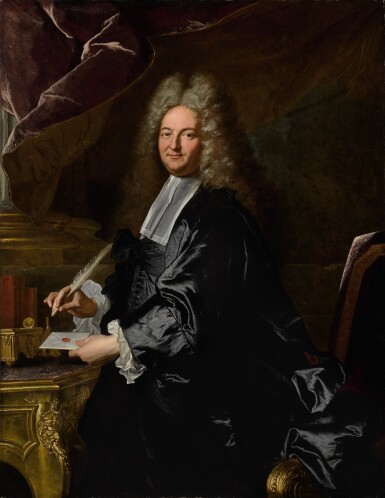 View full screen - View 1 of Lot 208. HYACINTHE RIGAUD | PORTRAIT OF JOSEPH JEAN-BAPTISTE FLEURIAU D’ARMONVILLE (1661-1728), THREE-QUARTER LENGTH, STANDING AT A DESK.