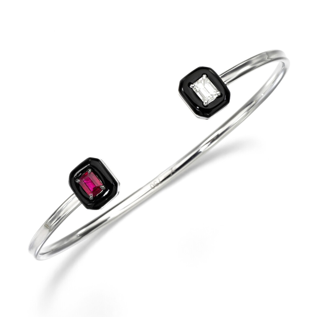 View full screen - View 1 of Lot 52. Ruby, diamond and enamel bangle.