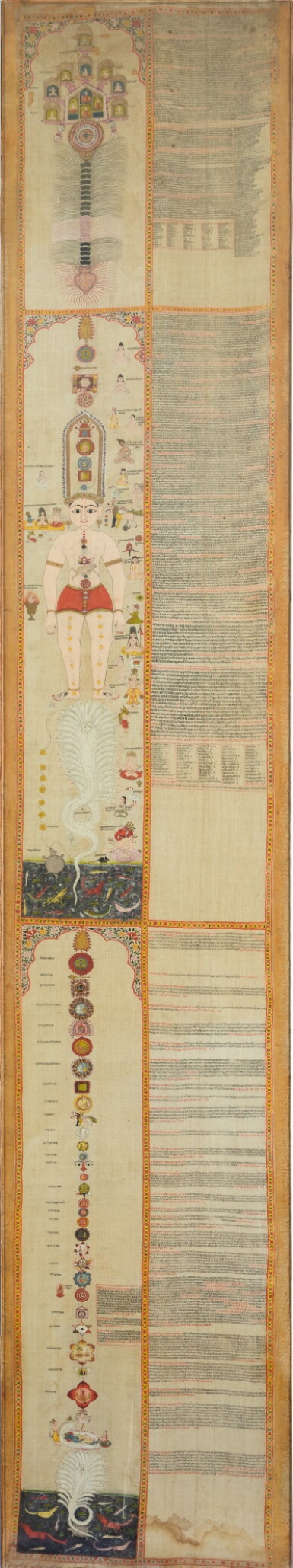 View full screen - View 1 of Lot 20. A monumental scroll painting depicting Chakrapurusha, Western India, 19th century | 西印度十九世紀 毗濕奴神輪 設色布本.