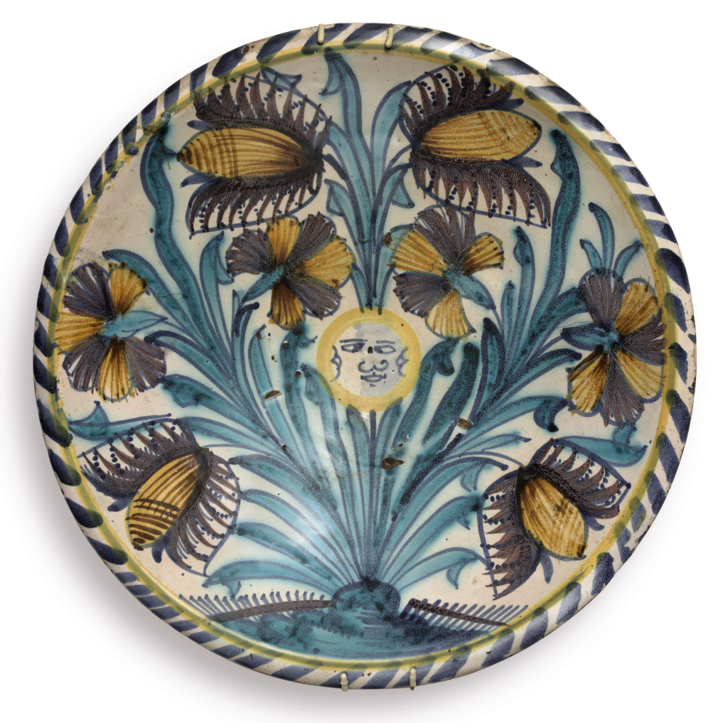 View full screen - View 1 of Lot 1157. AN ENGLISH DELFTWARE POLYCHROME BLUE-DASH TULIP CHARGER CIRCA 1670-80.