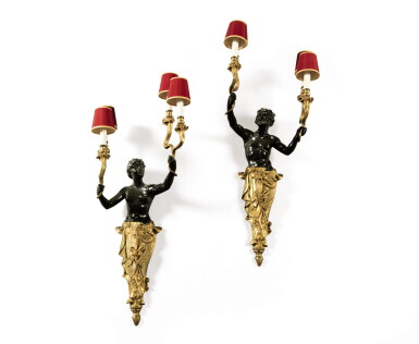 View full screen - View 1 of Lot 352. A pair of Louis XVI style gilt-bronze and patinated bronze four-light wall appliques, early 20th century.