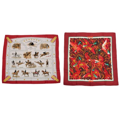 View full screen - View 1 of Lot 101. Hermès Set of Two Scarves 90cm of Silk Twill: "Cadre Noir" and "Col Verts" .