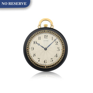 View full screen - View 1 of Lot 160. CARTIER | A YELLOW GOLD AND ONYX OPEN FACED WATCH WITH CHAIN, CIRCA 1920.
