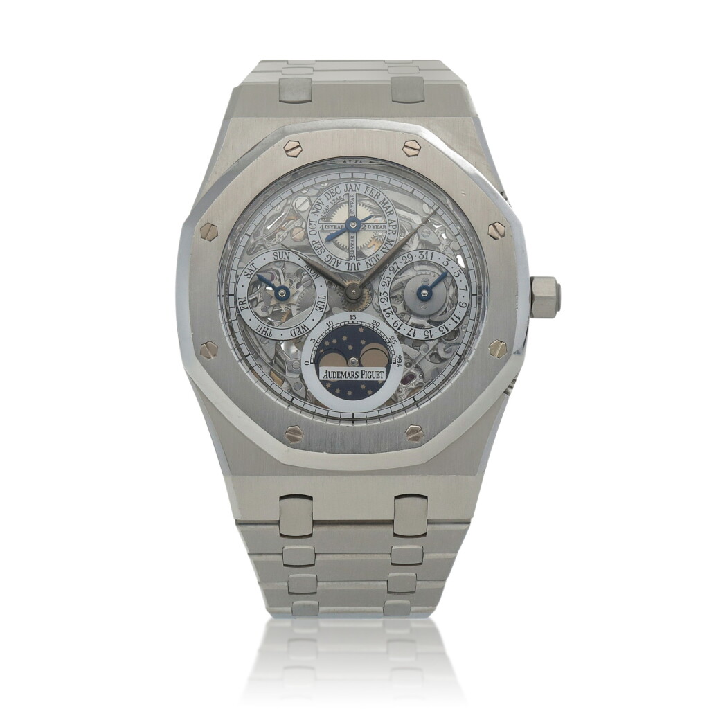 View full screen - View 1 of Lot 104. Royal Oak, Ref. 25829ST.OO.0944ST.01, Stainless steel skeletonized perpetual calendar wristwatch with moon phases, leap-year indication and bracelet Circa 2008 | 愛彼 | 25829ST.OO.0944ST.01型號「Royal Oak」精鋼鏤空萬年曆鍊帶腕錶備月相及閏年顯示,約2008年製.