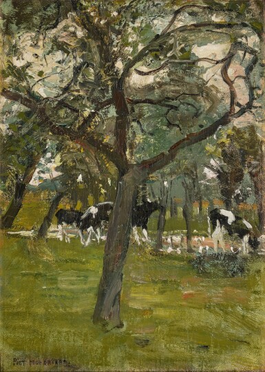 View full screen - View 1 of Lot 196. Trees and Cows Along a Stream.