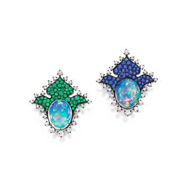 View full screen - View 1 of Lot 1853. Pair of Opal, Sapphire, Emerald and Diamond Ear Clips | JAR | 歐泊 配 藍寳石,祖母綠 及 鑽石 耳夹一對.