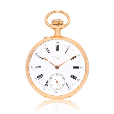 View full screen - View 1 of Lot 77. Patek Philippe & Cie., Genève No. 132205 A pink gold open-faced keyless lever watch Circa 1900.
