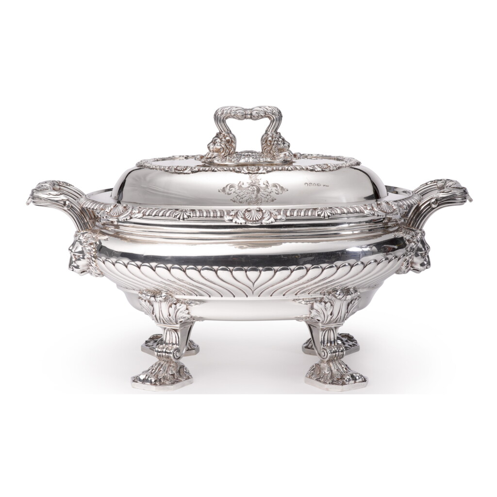 View full screen - View 1 of Lot 131. A REGENCY SILVER SOUP TUREEN AND COVER, PAUL STORR, LONDON, 1814.