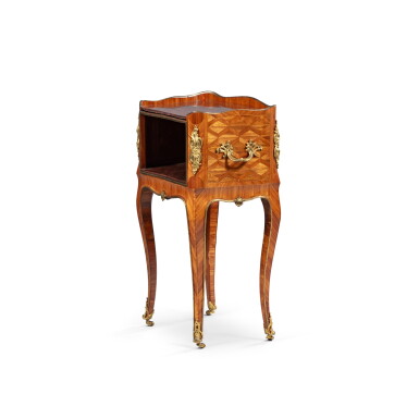 View full screen - View 1 of Lot 46. A Louis XV gilt-bronze mounted tulipwood and kingwood marquetred side table, circa 1750 | Table de chevet en placage de bois de rose, bois de violette et bronze doré d'époque Louis XV, vers 1750.