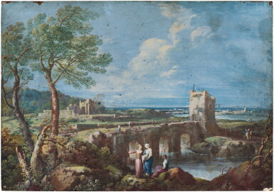 View full screen - View 1 of Lot 33. A pair of Roman capricci: a) The tomb of Cecilia Metella with rural buildings in a hilly landscape, an antique column by a river with figures in the foreground; b) A Roman landscape with the Ponte Salario, buildings and a lake in the background with figures.