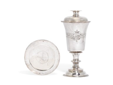 View full screen - View 1 of Lot 203. An Elizabeth I silver chalice and paten, maker's mark A, possibly for John Ashmore, London, 1577.