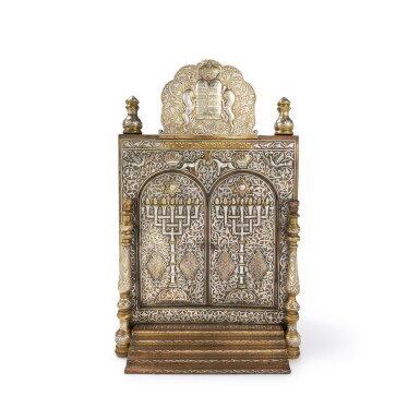 View full screen - View 1 of Lot 93. A Damascened Brass Torah Ark, Probably Syrian, Early 20th Century.