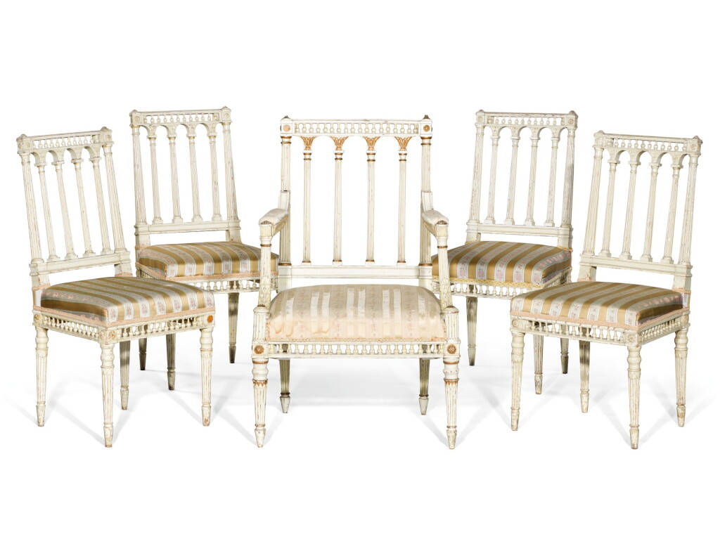 View full screen - View 1 of Lot 268. An unusual suite of Victorian ivory painted seat furniture, circa 1860, possibly by Wright and Mansfield.