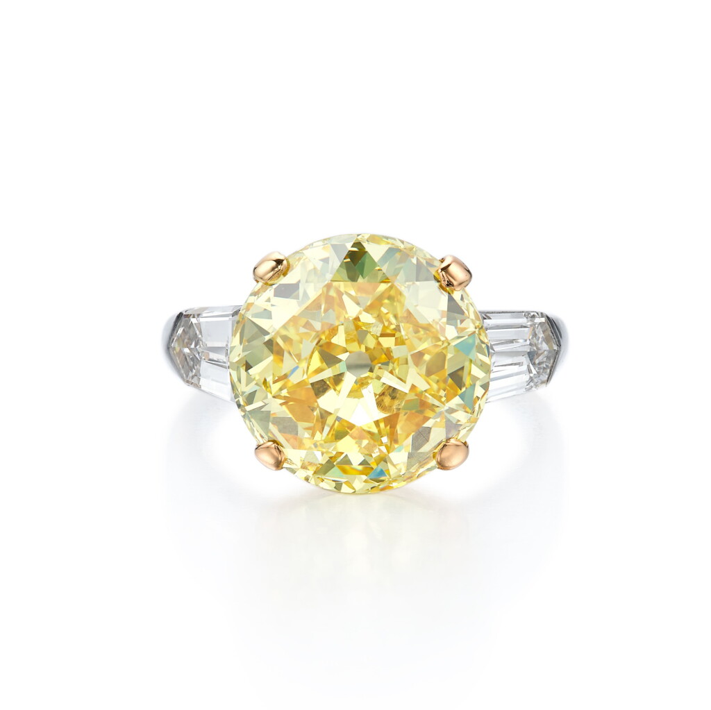 View full screen - View 1 of Lot 356. Fancy Vivid Yellow Diamond and Diamond Ring.