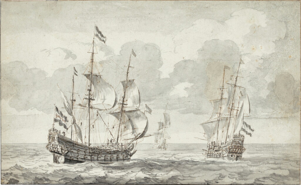 View full screen - View 1 of Lot 160. Three ships under sail.