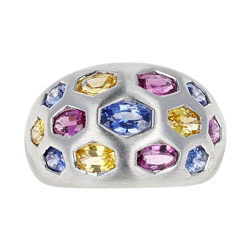 White Gold And Multi-Colored Sapphire Dome Ring Available For
