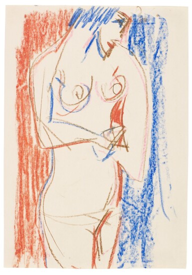 View full screen - View 1 of Lot 387. ERNST LUDWIG KIRCHNER | STEHENDER WEIBLICHER AKT MIT SEITLICHEM-RECHTS-PROFIL (FEMALE NUDE STANDING AND TURNED TO THE LEFT).