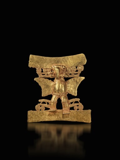 View full screen - View 1 of Lot 4. Diquís Gold Avian-Headed Pendant with Frog, circa AD 800 - 1500.