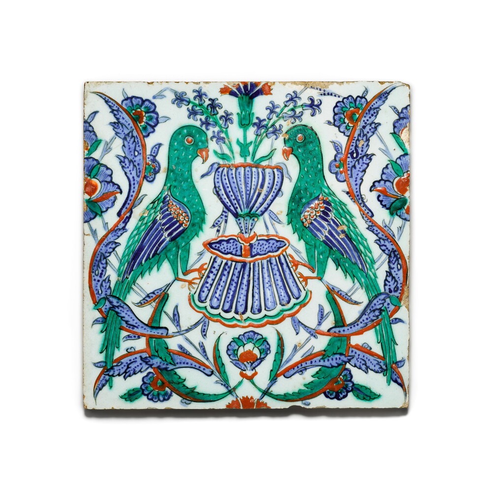 View full screen - View 1 of Lot 132. A highly rare polychrome Iznik tile with confronted birds, Turkey, circa 1575.