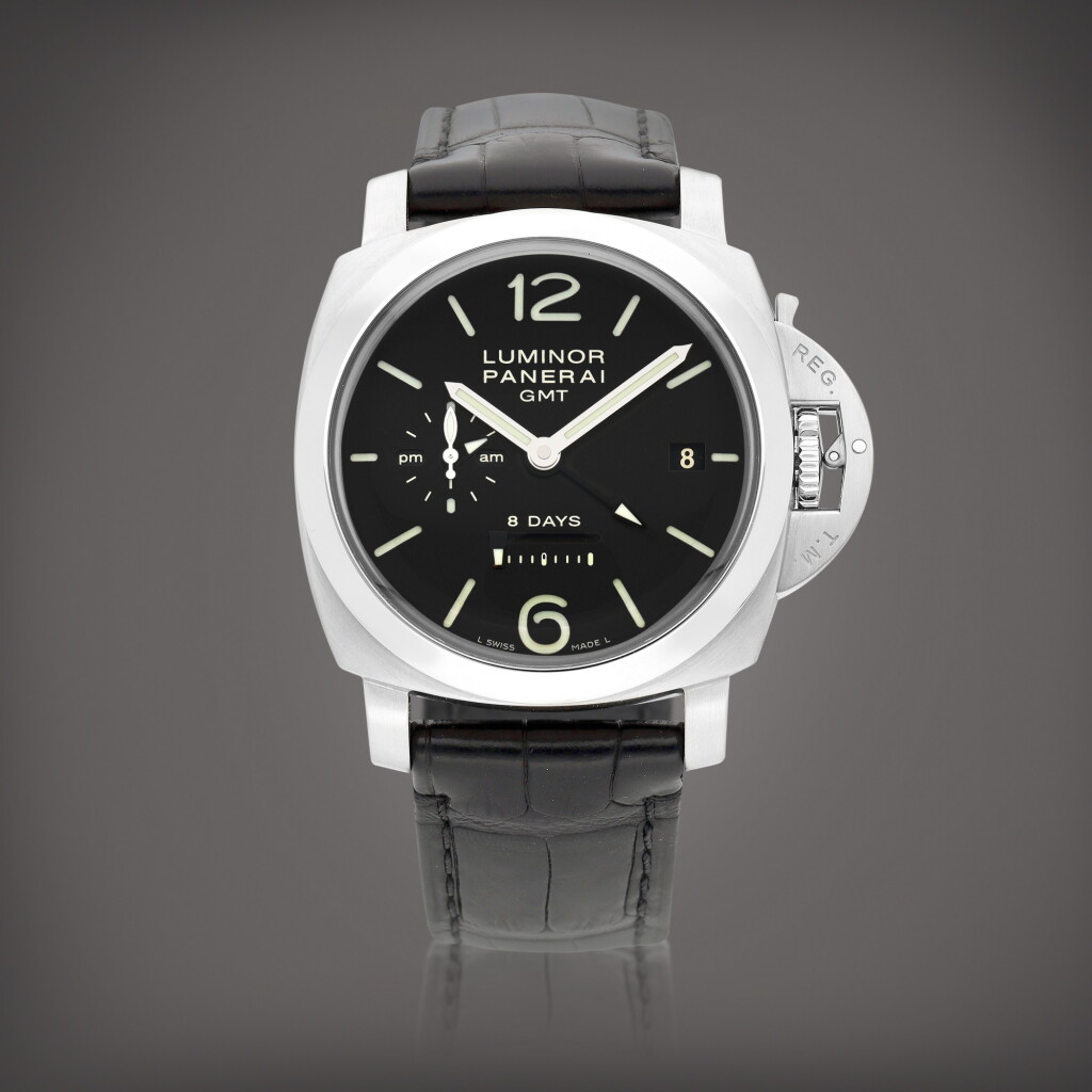 View full screen - View 1 of Lot 8859. Luminor 8 Days GMT, Reference PAM00233 | A stainless steel dual time zone wristwatch with date, power reserve, 24 hours indication and seconds reset mechanism, Circa 2017 | 沛納海 | Luminor 8 Days GMT 型號PAM00233 | 精鋼兩地時間腕錶,備日期、動力儲備、24小時顯示及歸零裝置,約2017年製.